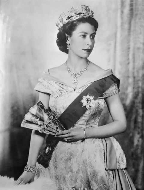 original caption portrait of queen elizabeth ii of england wearing tiara and ribbon of the order of the garder