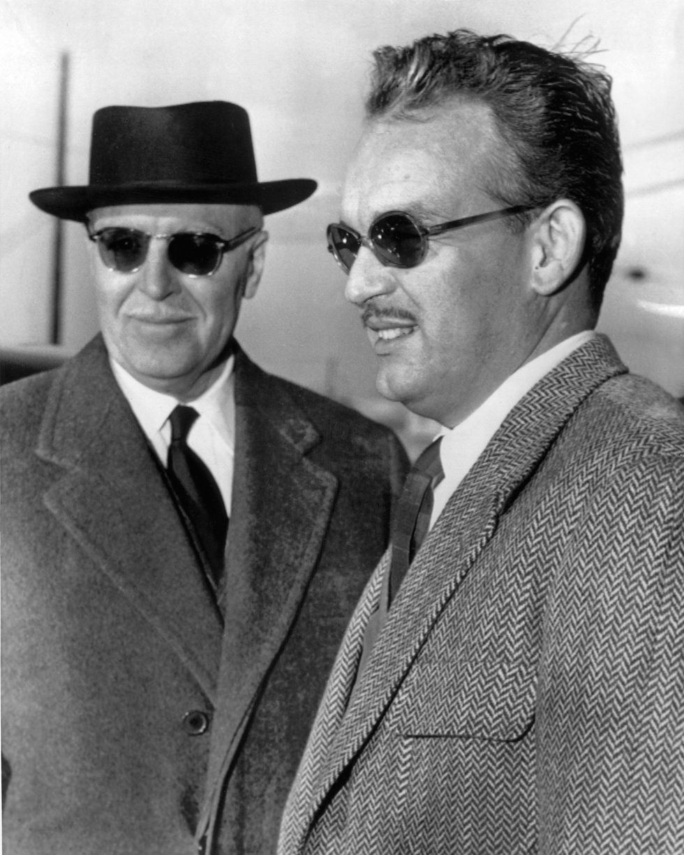 los angeles, united states  prince rainier iii of monaco r meets 16 february 1956 in los angeles his father, the count pierre de polignac to discuss details of his wedding with us actress grace kelly rainier iii married kelly 18 april 1956 in monaco photo credit should read afpafp via getty images