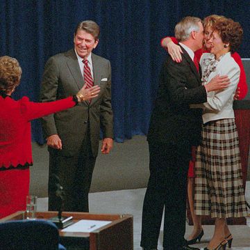 kansas city, missouri the wives and family of president reagan and walter modale congratulate the candidates after their second presidential debate