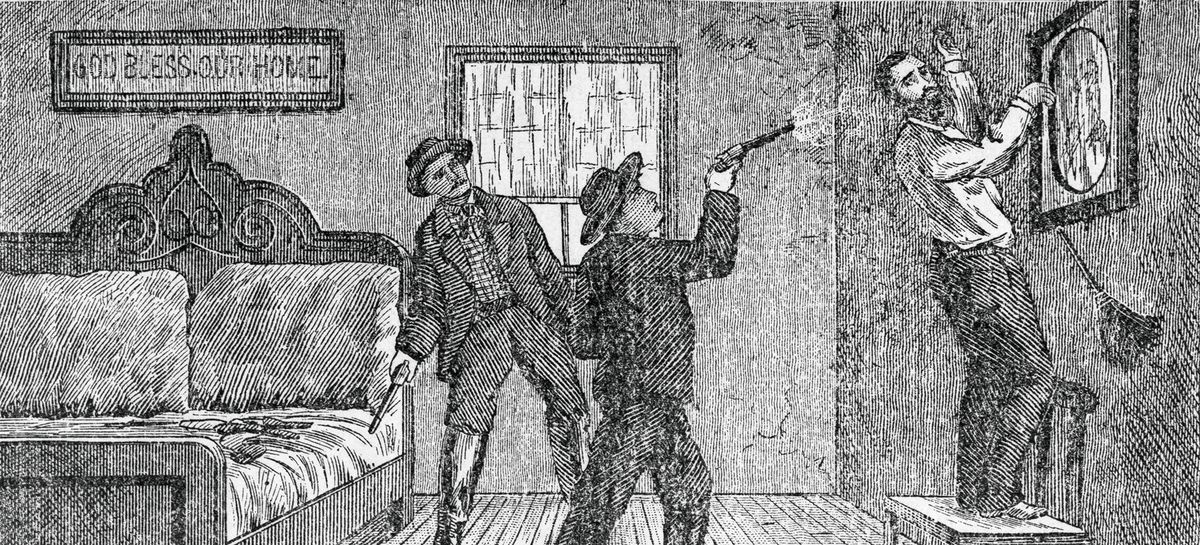 Woodcut Illustration of Robert Ford Shooting Jesse James