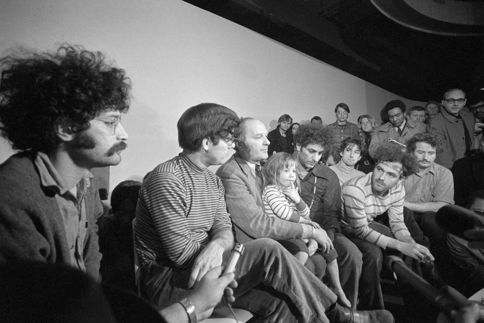 the chicago seven hold a press conference during their trial, they are accused of inciting riots at the 1968 democratic national convention from left are lee weiner, rennie davis, david dellinger, abbie hoffman, tom hayden, jerry rubin, and john froines