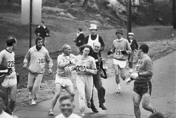 ashland, ma april 19 kathy switzer roughed up by jock semple during boston mararthon photo by paul j connellthe boston globe via getty images
