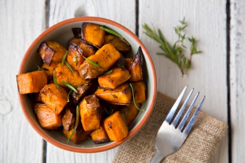 oven roasted sweet potatoes with thyme and rosemary are an easy to prepare, delicious and healthy snack that contains lots of vitamins and serves as a natural energy booster