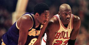 chicago, united states  los angeles lakers guard kobe bryantl and chicago bulls guard michael jordanr talk during a free throw attempt during the fourth quarter 17 december at the united center in chicago bryant, who is 19 and bypassed college basketball to play in the nba, scored a team high 33 points off the bench, and jordan scored a team high 36 points the bulls defeated the lakers 104 83  afp photo  vincent laforet photo credit should read vincent laforetafp via getty images