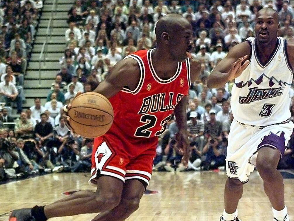 Michael Jordan competing against the Utah Jazz during the 1997 NBA