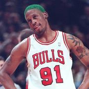 chicago, united states  chicago bulls forward dennis rodman looks at the referee after being called for illegal defense against the new york knicks 06 december during the first quarter at the united center in chicago rodman had 20 rebounds as the bulls won 101 94 in his first game back after missing ten games due to a hamstring injury             afp photo  chris wilkinscw photo credit should read chris wilkinsafp via getty images