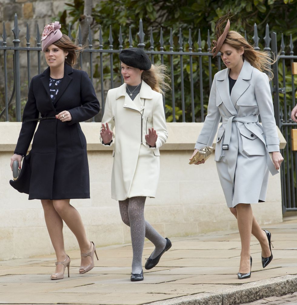 windsor, england   march 27  princess eugenie and princess beatrice with lady louise windsor attend the easter sunday service at st georges chapel on march 27, 2016 in windsor, england  photo by mark cuthbertuk press via getty images