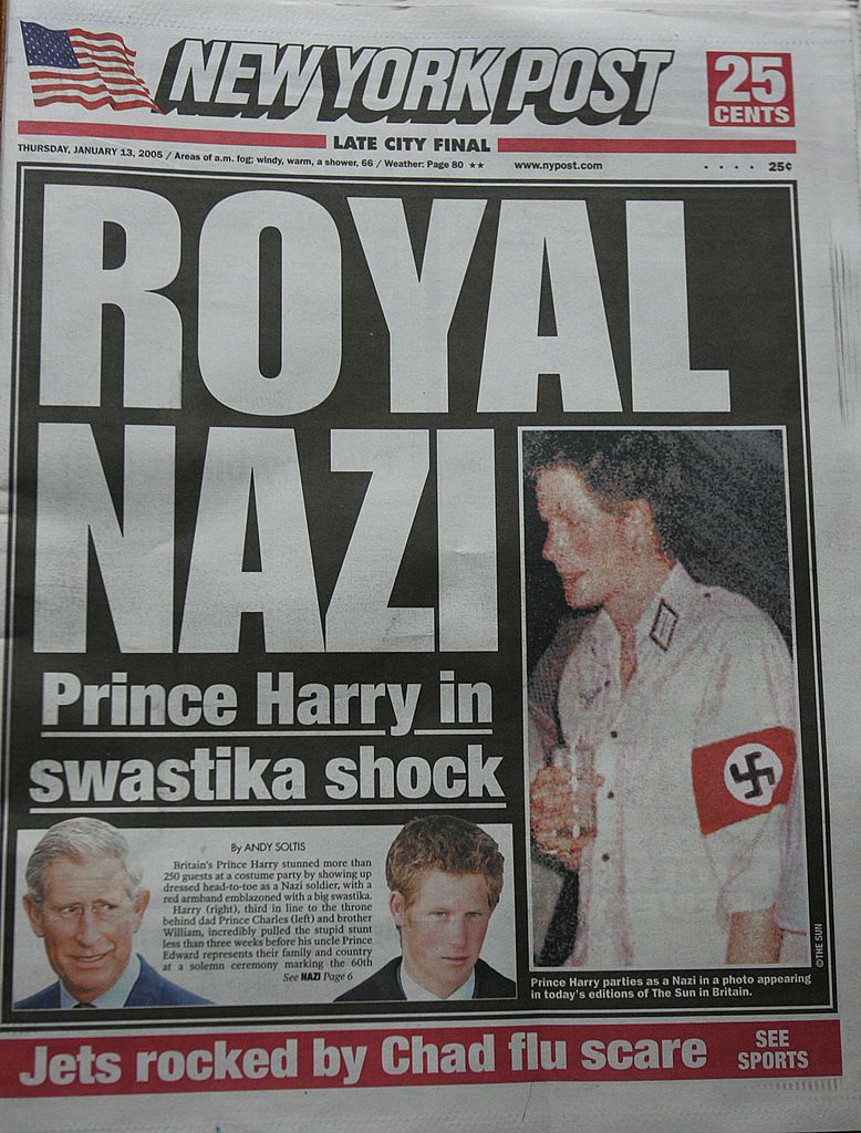 new york january 13 a copy of the new york post front page lies on display featuring a royal nazi headline january 13, 2005 in new york city british royal, prince harry, reportedly attended a fancy dress party wearing a khaki uniform with an armband emblazoned with a swastika, the emblem of the german wwii nazi party photo by stephen cherningetty images
