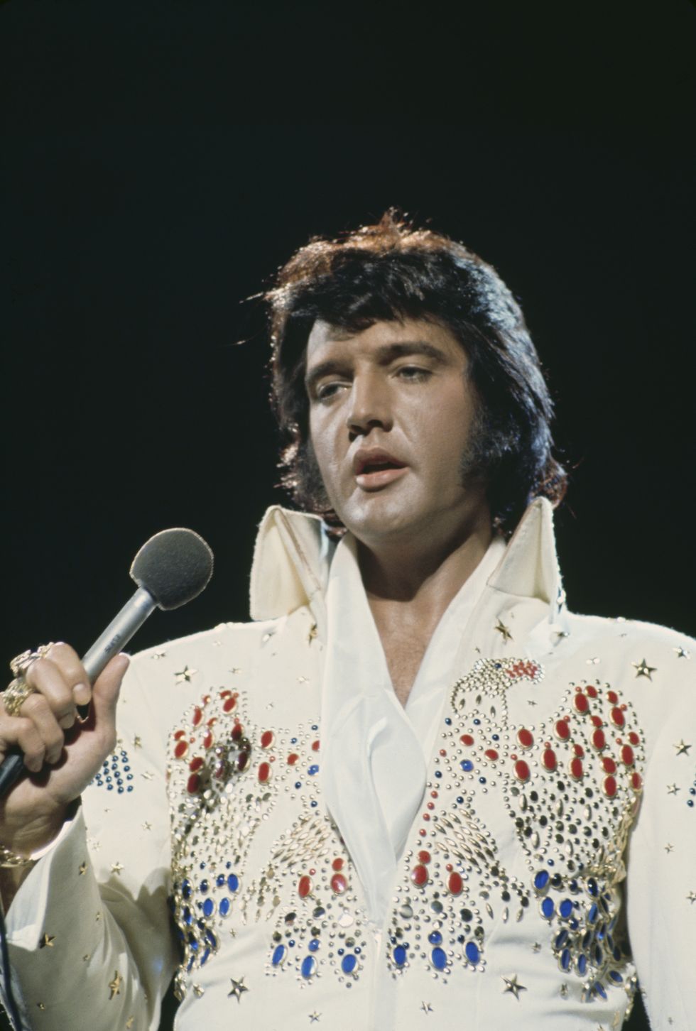 american singer elvis presley 1935   1977 performing in the aloha from hawaii via satellite, televised concert at the honolulu international center, hawaii, 14th january 1973 photo by fotos internationalarchive photosgetty images