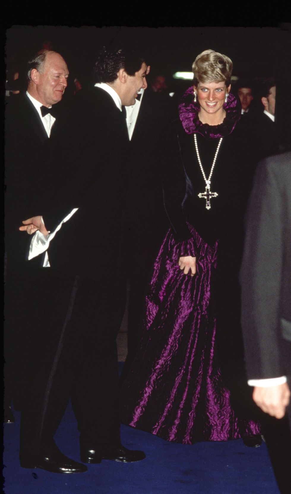 london, united kingdom october 27 diana, princess of wales, arriving at a charity gala evening on behalf of birthright at garrard the princess is wearing a purple evening dress with a gold and amethyst crucifix suspended on a pearl rope photo by tim graham photo library via getty images