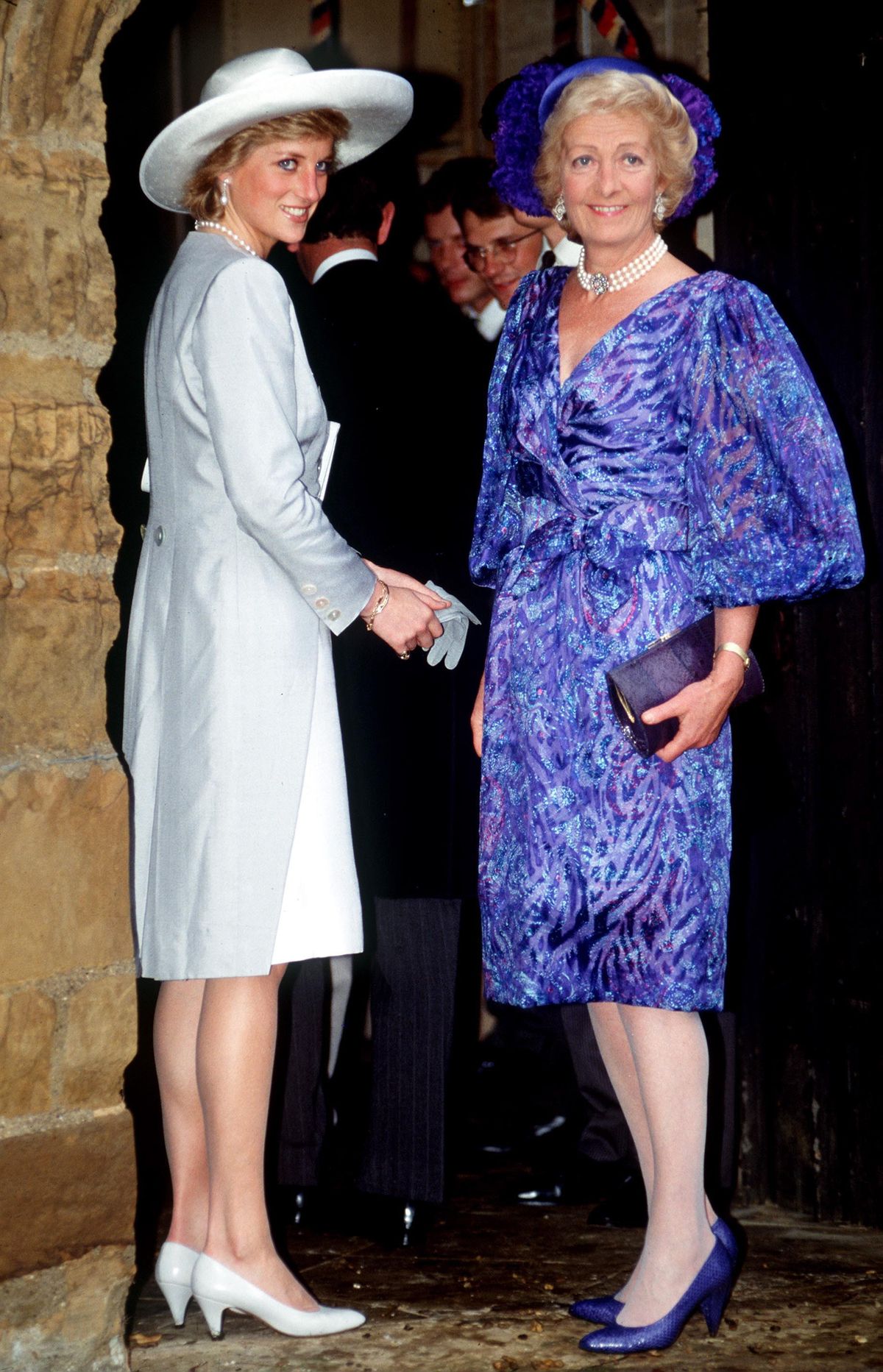 great brington, united kingdom   september 16  princess diana with her mother, mrs france shand kydd, attending the wedding of viscount and viscountess althorp at the church of st mary the virgin in great brington near the althorp family home  the princess is wearing a dove grey suit designed by catherine walker  photo by tim graham photo library via getty images