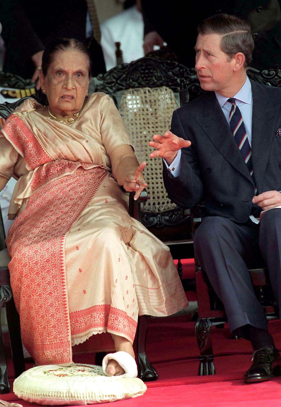 sri lanka   february 04  prince charles with sirimavo bandaranaike , the worlds first woman prime minister and leader of the sri lanka freedom party, during a parade for the 5oth anniversary of independence in colombo, sri lanka  photo by tim graham photo library via getty images