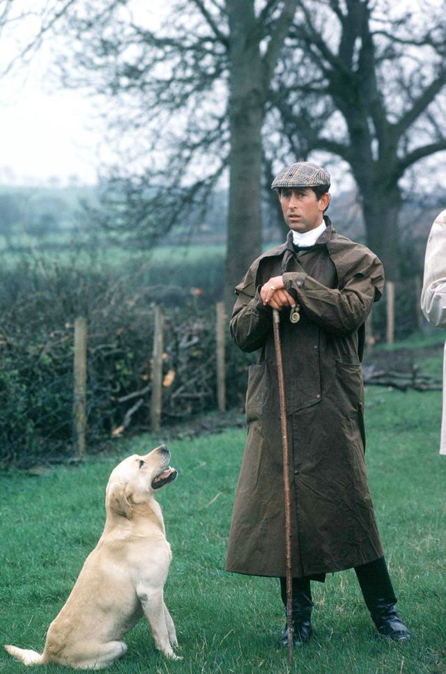 fernie, united kingdom april 01 prince charles at the fernie hunt cross country team event wearing barbour style dryasabone style raincoat, flat cap and walking stick and with his pet labrador dog harvey photo by tim graham photo library via getty images