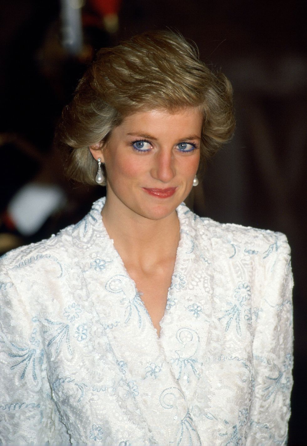france   november 09  diana, princess  of wales, wearing a white and blue lace and sequin evening coat dress designed by catherine walker for a dinner at the chateau de chambord during her official visit to france  photo by tim graham photo library via getty images