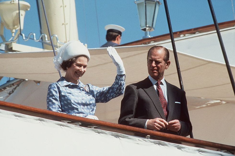 kuwait   february 13  the queen and prince philip waving on board royal yacht britannia during an official visit to kuwait during the tour of the gulf  day date not certain gulf tour dates 12 feb   1 march 1979  photo by tim graham photo library via getty images