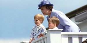 united kingdom   june 14  the queen with prince william and prince harry in the royal box at guards polo club, smiths lawn, windsor  photo by tim graham photo library via getty images