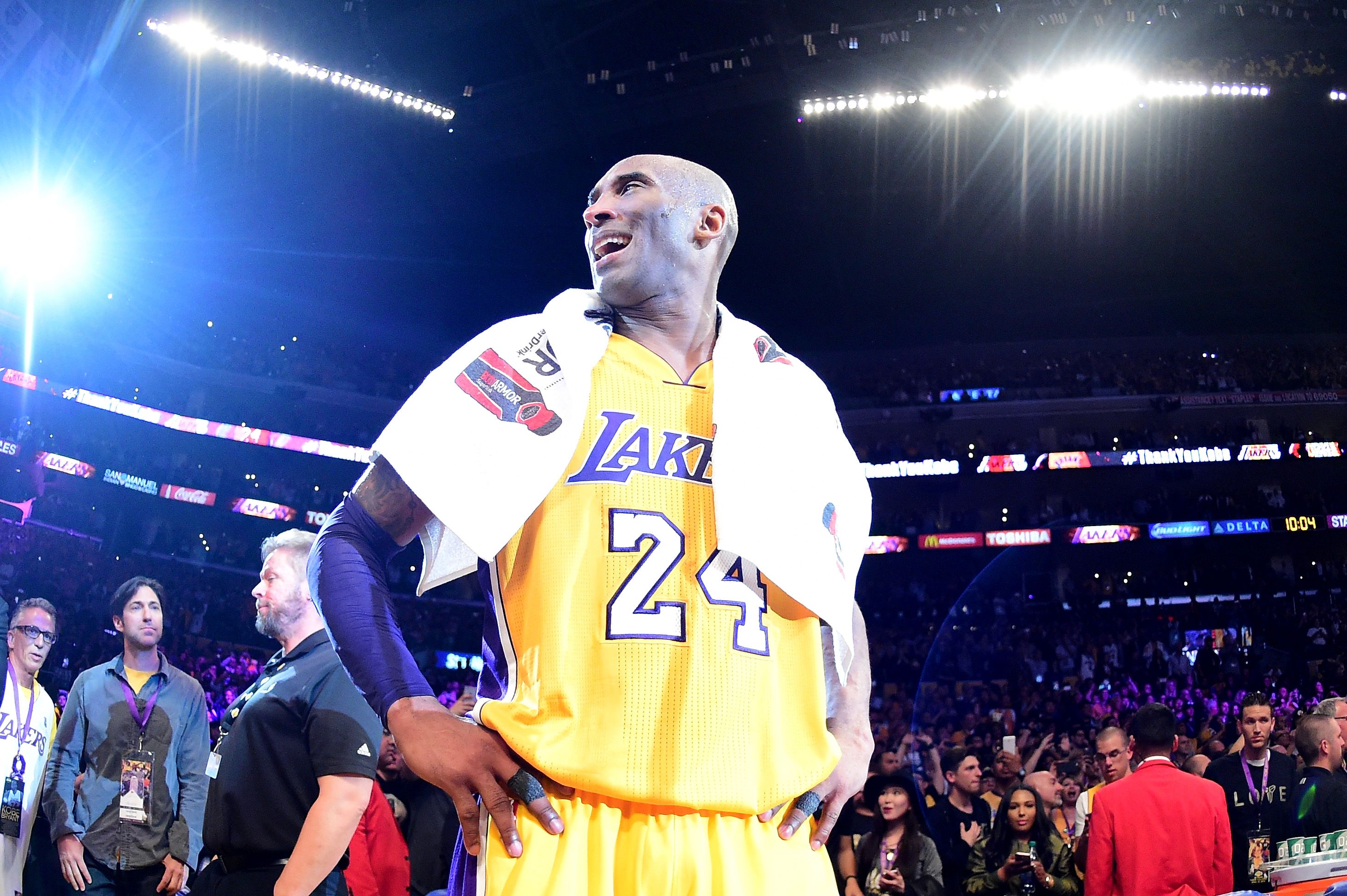 Los Angeles Lakers Kobe Bryant bites his jersey in his last game against  the Utah Jazz in the first half at Staples Center in Los Angeles on April  13, 2016. Shaquille Oneal