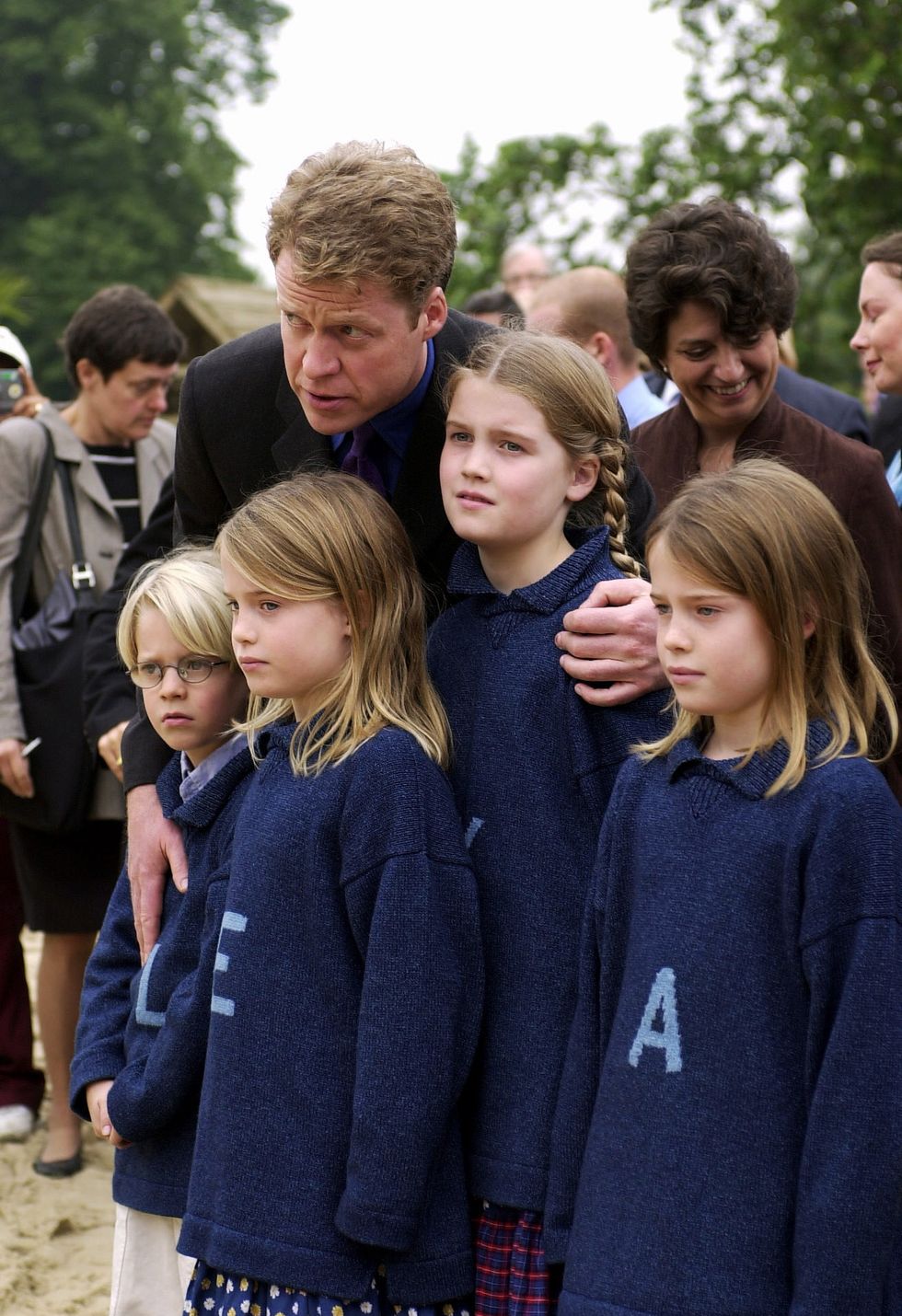 london, united kingdom   june 30  earl spencer, brother of princess of wales, with his children at opening of the  princess of wales memorial playground in kensington gardens in london l to r  louis  viscount althorp eliza, kitty, amelia  photo by tim graham photo library via getty images