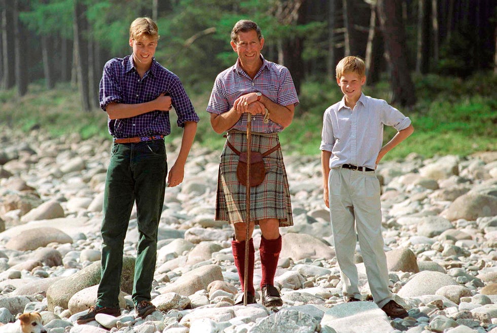 prince charles with prince william and prince harry at polvier, by the river dee, balmoral castle estate