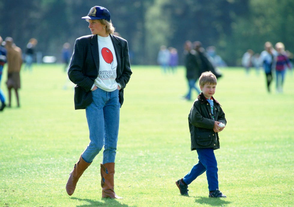 windsor, united kingdom may 02: prince william with his mother, diana, princess of wales at guards polo club. the princess is casually dressed in a sweatshirt with the british lung foundation logo on the front of her t shirt. (photo by tim graham photo library via getty images)