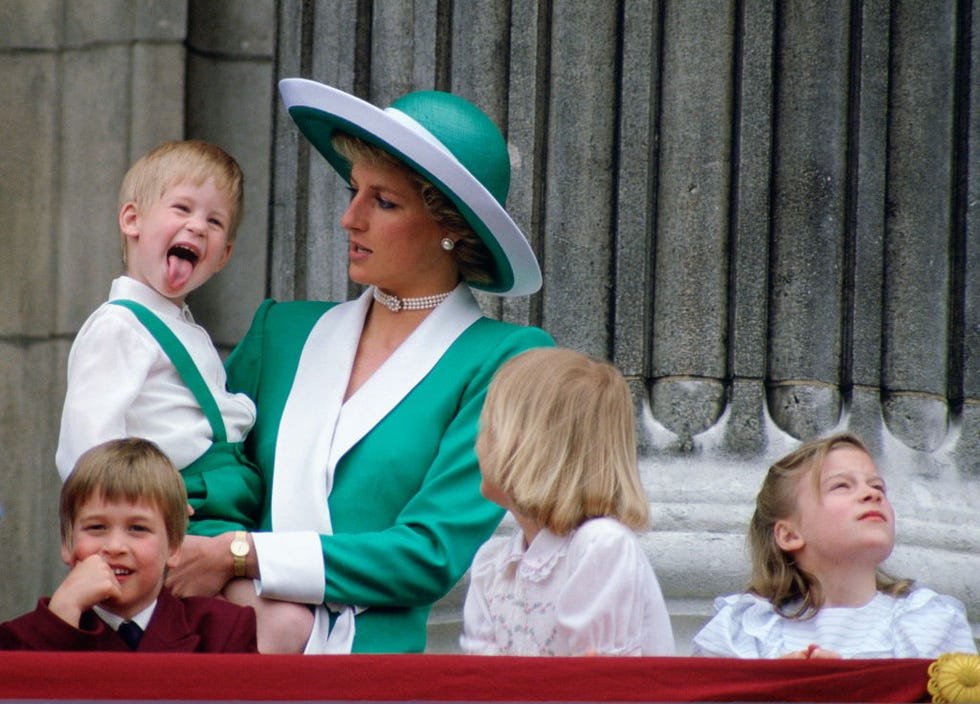 london, united kingdom june 11 prince harry sticking his tongue out much to the suprise of his mother, princess diana at trooping the colour with prince william, lady gabriella windsor and lady rose windsor watching from the balcony of buckingham palace photo by tim graham photo library via getty images