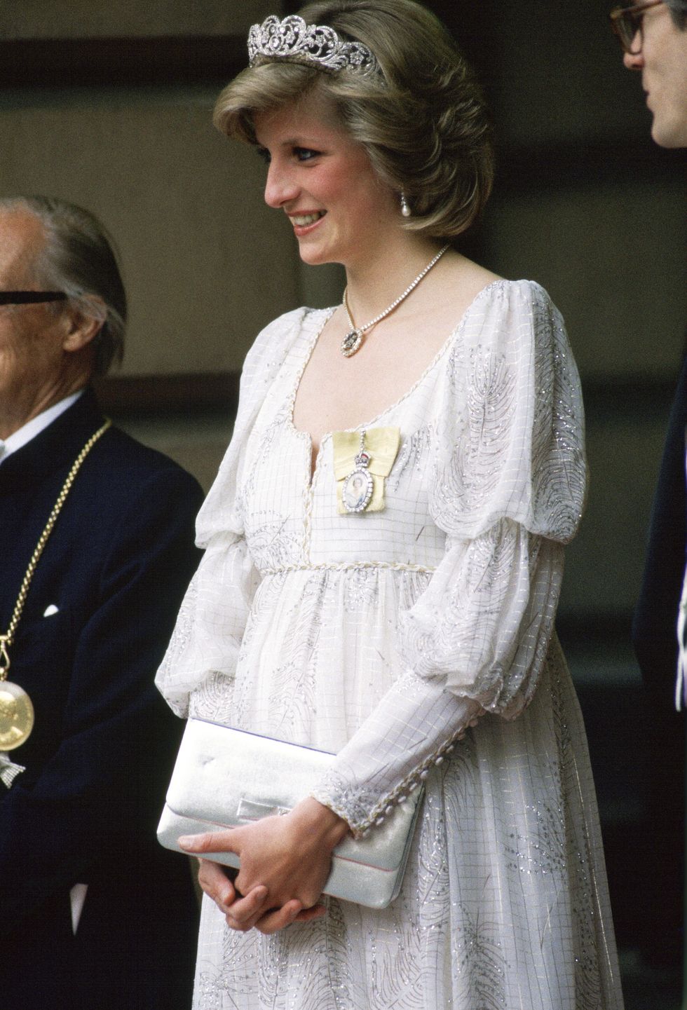 london, united kingdom   may 14  princess diana, pregnant with her second baby, wearing a maternity dress with the spencer family tiara, royal family orders and a diamond necklace in the shape of the prince of wales feathers, for an event at the royal academy  photo by tim graham photo library via getty images