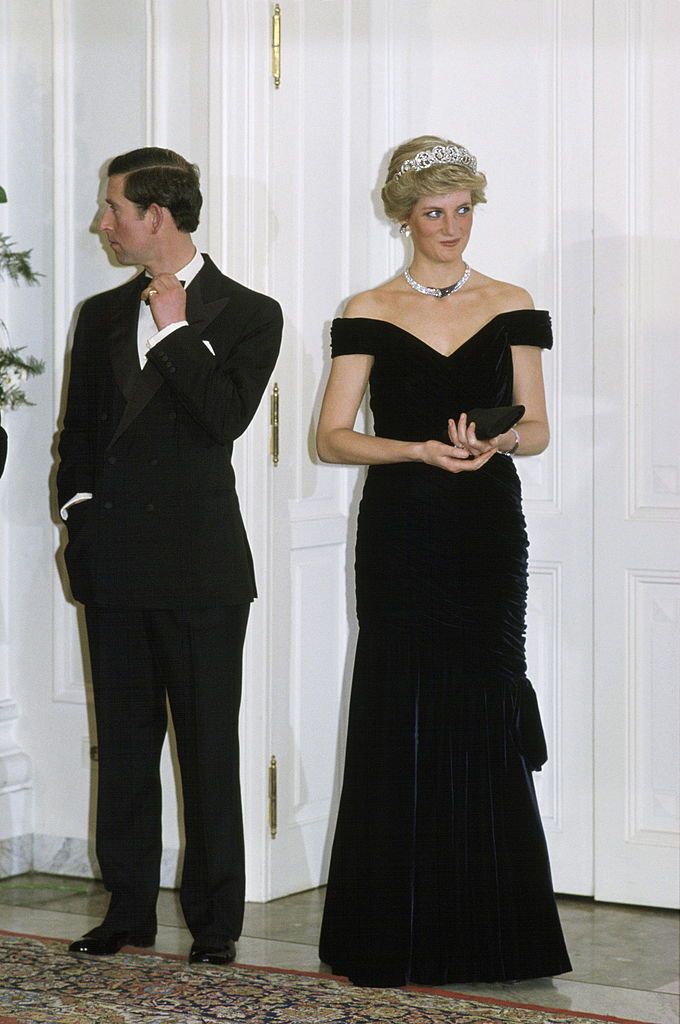 bonn, germany november 02 the prince and princess of wales in germany attending an evening function she is wearing a dress designed by fashion designer victor edelstein photo by tim graham photo library via getty images
