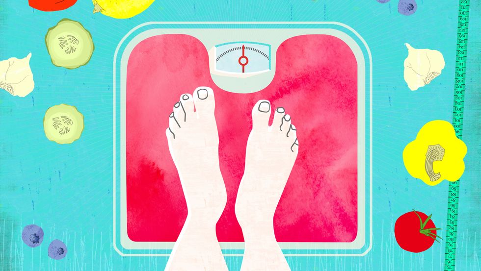 feet on scales with a healthy diet