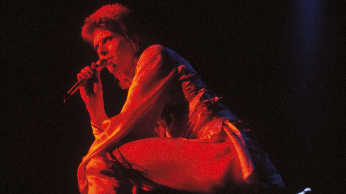 David Bowie performing as Ziggy Stardust at the Hammersmith Odeon, 1973