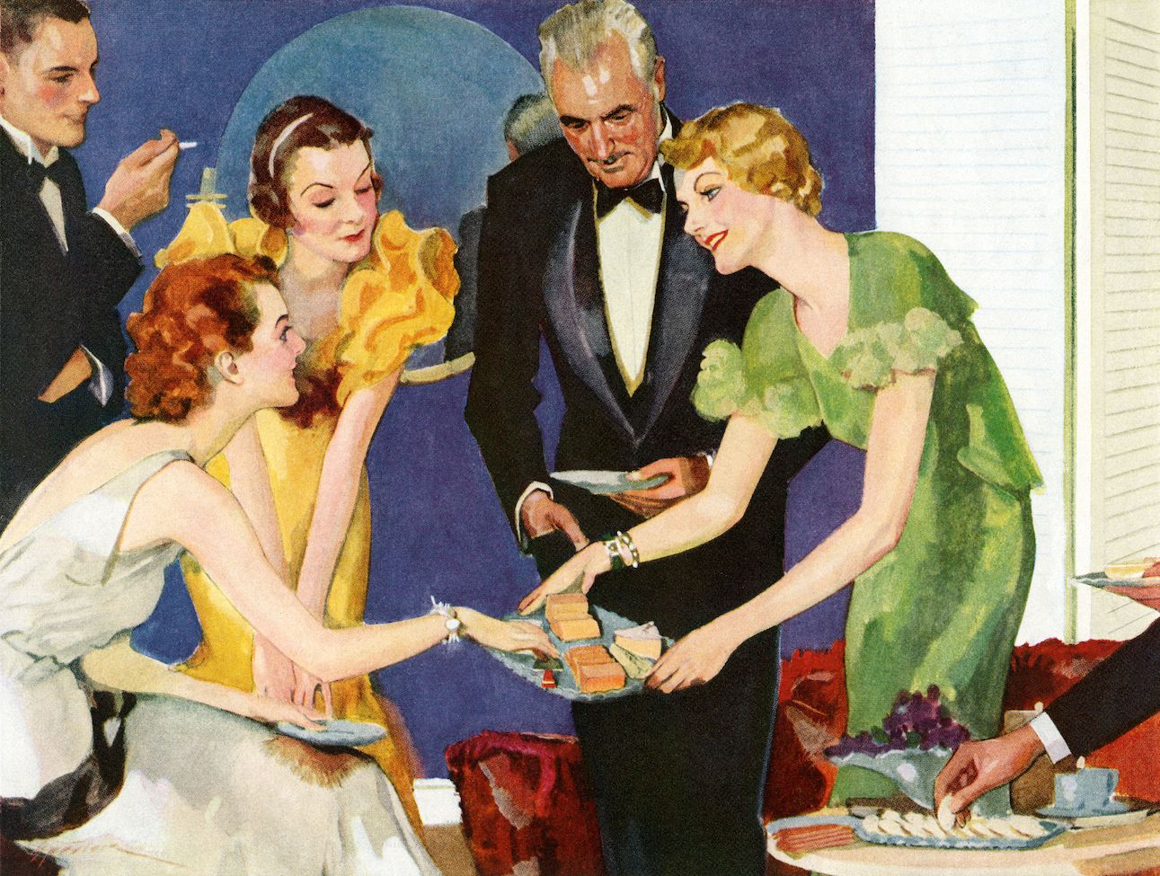 vintage illustration of a hostess serving cheese and crackers to her guests at a cocktail party screen print, 1933 photo by graphicaartisgetty images