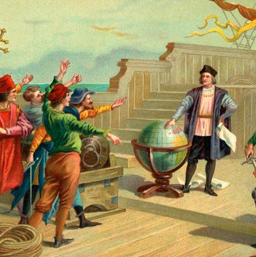 Columbus On Santa Maria vintage color illustration of christopher columbus standing on a ship deck with one hand on a large globe and the other on his hip holding a paper scroll, he wears a hat, dark jacket, long sleeve shirts, dark pants and leggings, several people surround him on the deck many with their hands out toward him