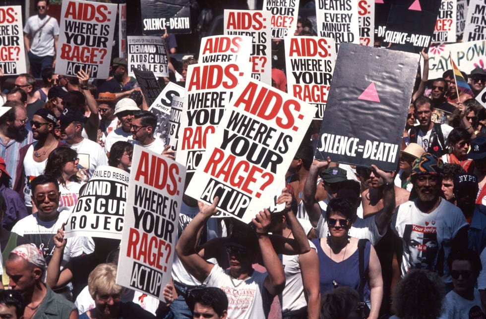 25th annual gay pride parade in nyc act up demo protesting aids epidemic with placardfs reading aids where is your rage, new york, new york, june 26, 1994 photo by allan tannenbaumgetty images