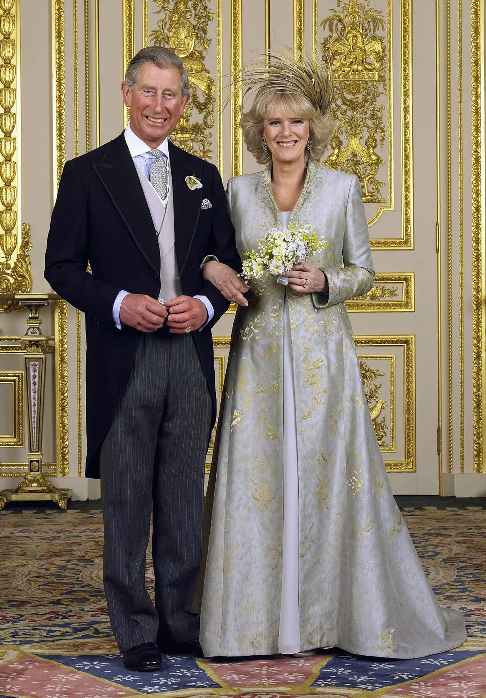 prince charles and the duchess of cornwall, camilla parker bowles pose in the white drawing room for the official wedding photo