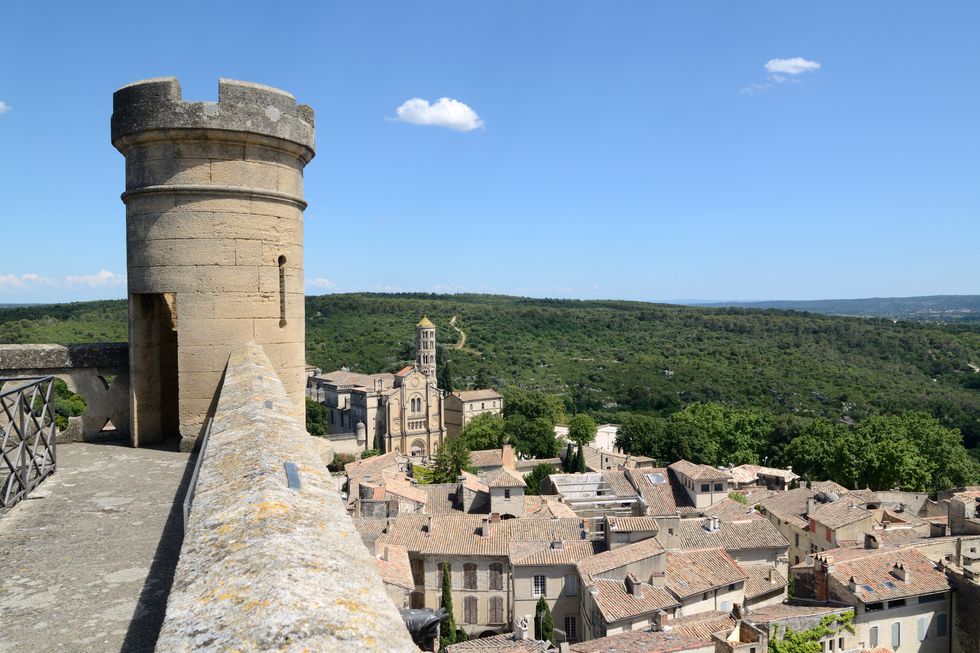 uz��s view of town from ch��teau with turret and rooftops of uz��s gard france