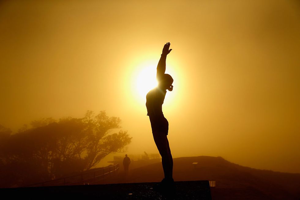 People in nature, Physical fitness, Yoga, Backlighting, Sky, Silhouette, Standing, Morning, Balance, Stretching, 