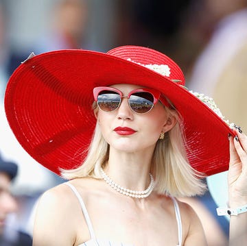 Eyewear, Sunglasses, Red, Hat, Clothing, Street fashion, Lip, Glasses, Sun hat, Beauty, 