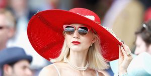 Eyewear, Sunglasses, Red, Hat, Clothing, Street fashion, Lip, Glasses, Sun hat, Beauty, 