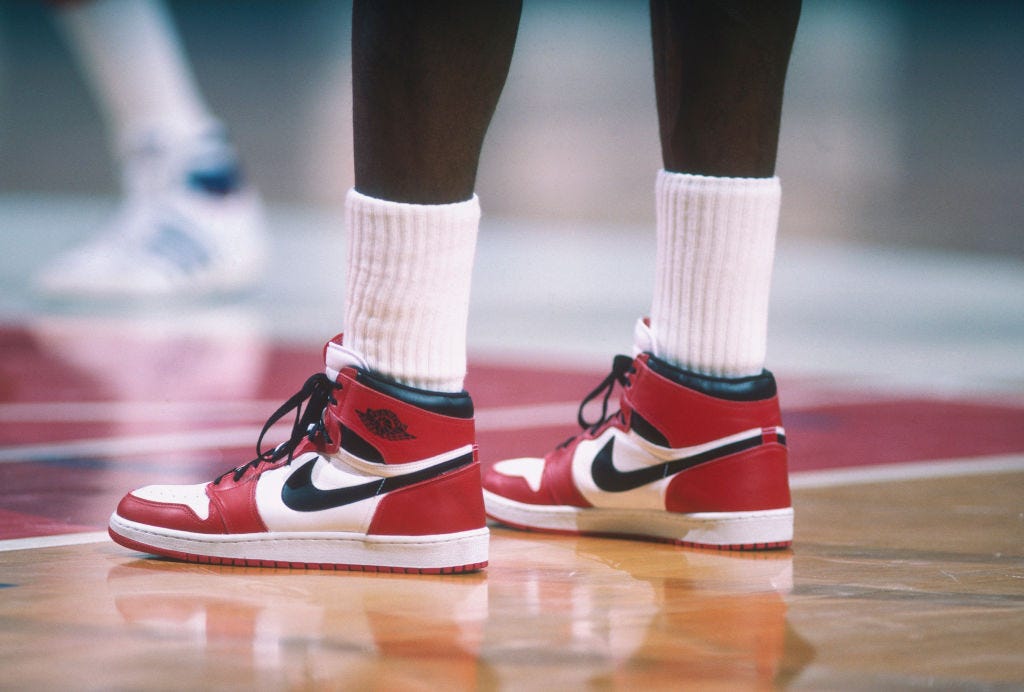 washington   1985  detail of the air jordan nike shoes worn by chicago bulls center michael jordan 23 during a game against the washington bullets at capital centre circa 1985 in washington, dc note to user user expressly acknowledges and agrees that, by downloading and or using this photograph, user is consenting to the terms and conditions of the getty images license agreement photo by focus on sport via getty images