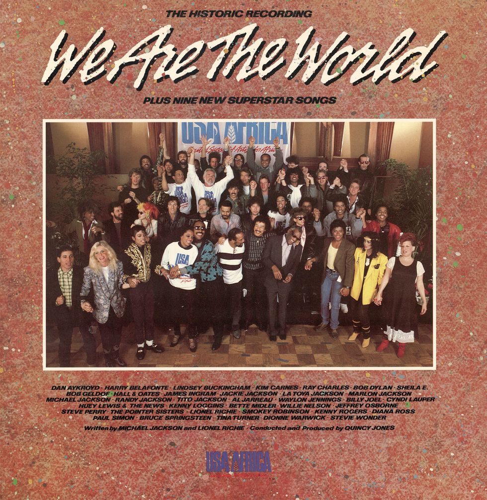 front cover of the 'usa for africa we are the world' record album, the music on which was designed to raise awareness and funds for a worldwide hunger relief program, 1985 the sleeve features a group photograph of the number of the contributing performers the records success led the way for the live aid concerts later that year photo by blank archivesgetty images