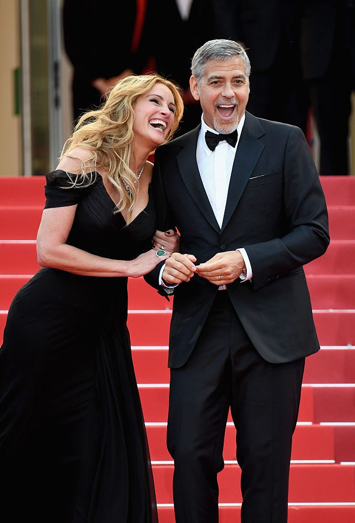 cannes, france may 12: julia roberts and george clooney attend the money monster premiere during the 69th annual cannes film festival at the palais des festivals on may 12, 2016 in cannes, france. (photo by venturelli/wireimage)