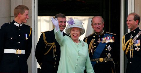 london, united kingdom   july 10  l to r prince harry, prince andrew, duke of york, hm queen elizabeth ii, the queen, prince philip, duke of edinburgh and prince edward, earl of wessex, watch the flypast over the mall of british and us world war ii aircraft from the buckingham palace balcony on national commemoration day july 10, 2005 in london  poppies were dropped from the lancaster bomber of the battle of britain memorial flight as part of the flypast  photo by daniel berehulakgetty images