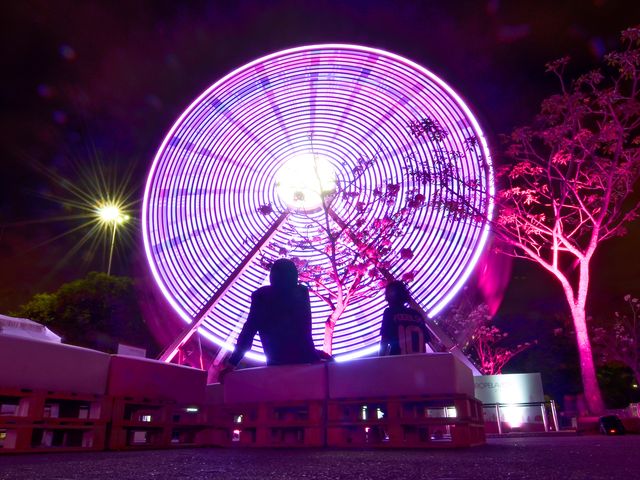 Ferris wheel, Pink, Landmark, Purple, Light, Tourist attraction, Night, Lighting, Violet, Magenta, 
