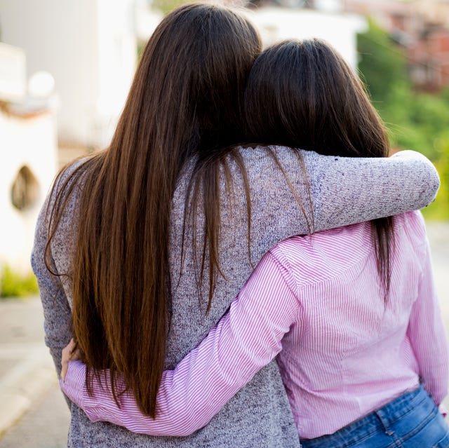 Hair, Photograph, Shoulder, Pink, Beauty, Hairstyle, Long hair, Snapshot, Hug, Purple, 