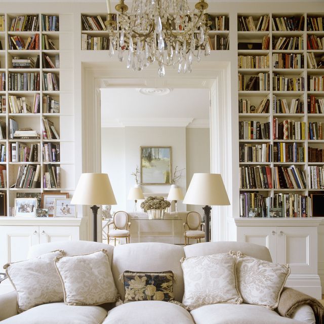 a room with a mirror and a couch, surrounded by bookshelves
