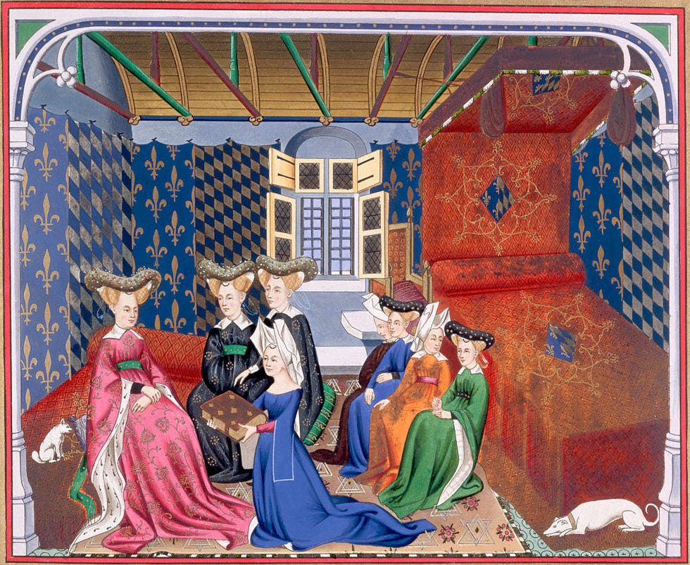 middeleeuwse illustratie waarop christine de pisan een manuscript aanbiedt aan isabel van beieren