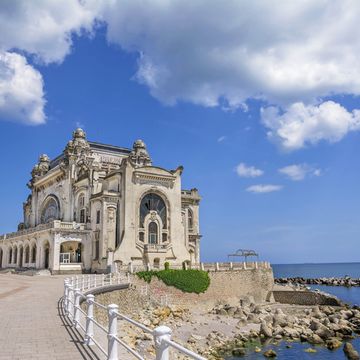 beautiful summer landscape with old casino, symbol of the constanta city, romanian coastal destination at the black sea