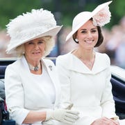 Trooping The Colour 2016 london, england june 11 camilla, duchess of cornwall and catherine, duchess of cambridge ride by carriage during the trooping the colour, this year marking the queens official 90th birthday at the mall on june 11, 2016 in london, england the ceremony is queen elizabeth iis annual birthday parade and dates back to the time of charles ii in the 17th century when the colours of a regiment were used as a rallying point in battle photo by samir husseinwireimage