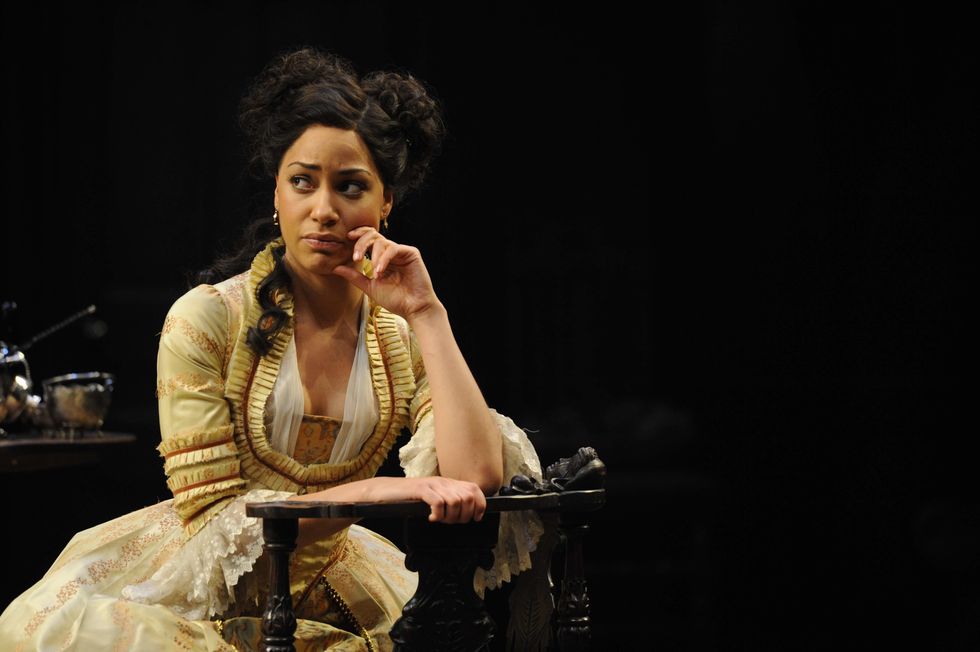 cush jumbo as constance neville in oliver goldsmith's she stoops to conquer directed by jamie lloyd at the national theatre in london
