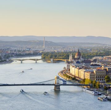 hungary, budapest, view to river danube, chain bridge and parliament building, margaret bridge and margaret island