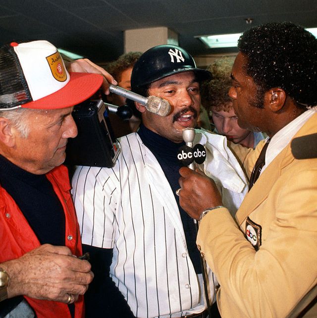 new york   october 18 reggie jackson 44 of the new york yankees celebrates and talks with the media after they defeated the los angeles dodgers in game 6 of the 1977 world series october 18, 1977 at yankee stadium in the bronx borough of new york city the yankees won the series 4 games to 2 photo by focus on sportgetty images